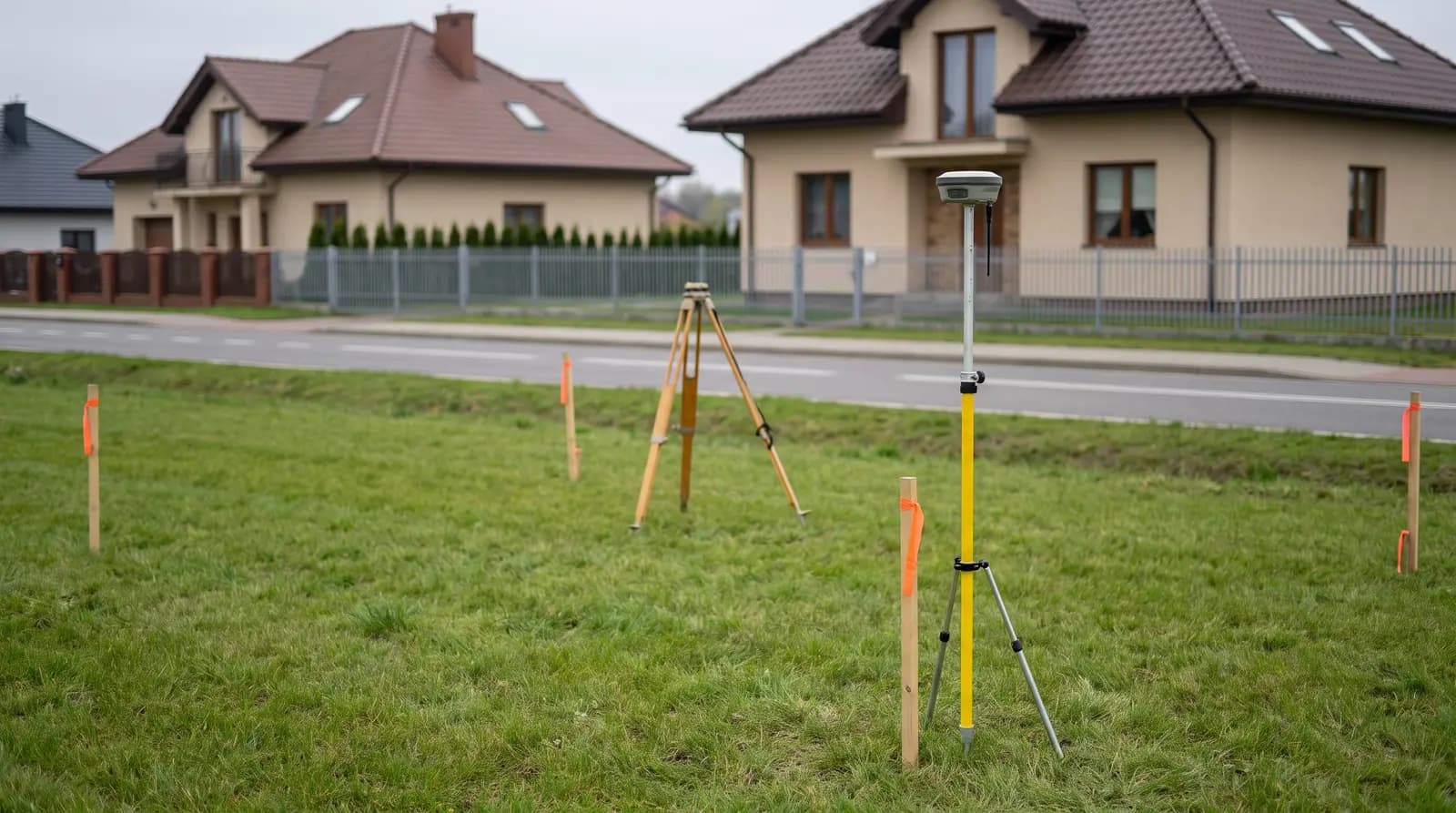 Odbiornik geodezyjny na tyczce i statyw na pustej działce budowlanej z palikami w narożnikach; w tle droga i domy jednorodzinne